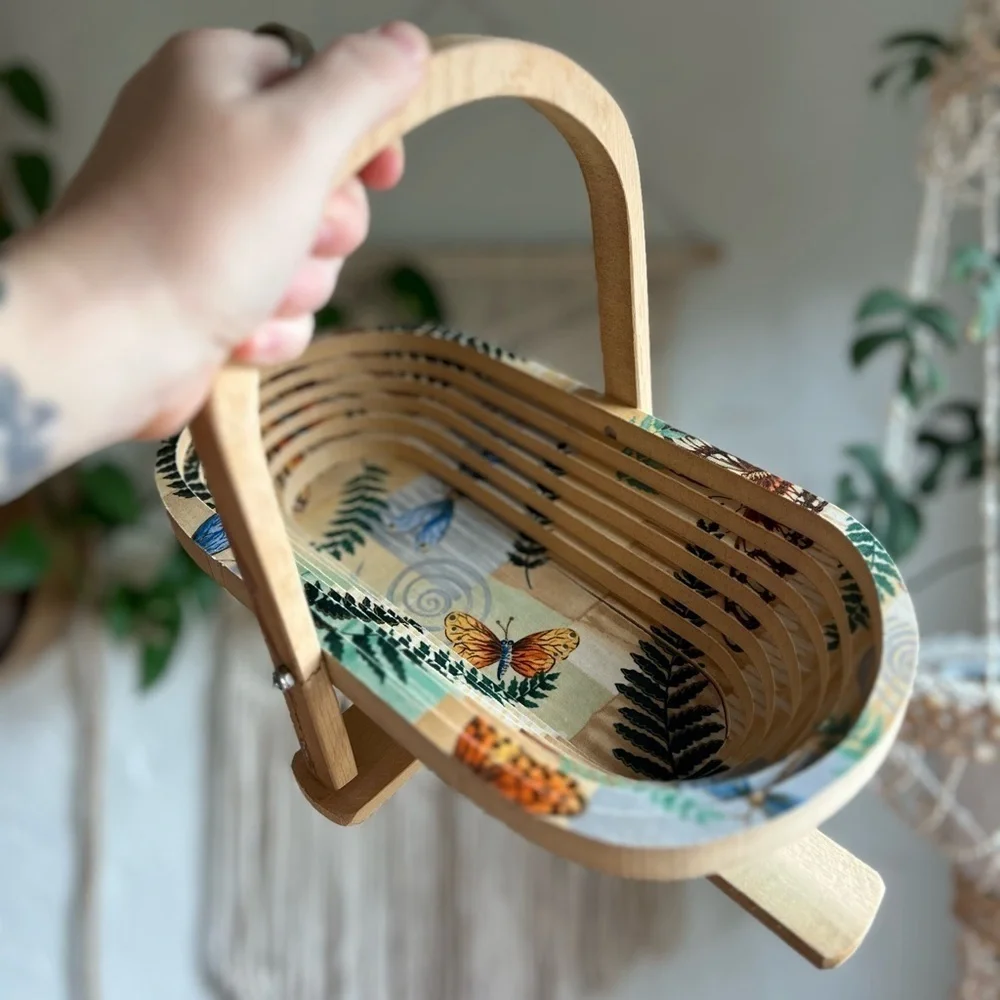 Folding Wooden Basket 12x6” – Butterfly Fern Boho Tray Rustic Cottagecore Decor